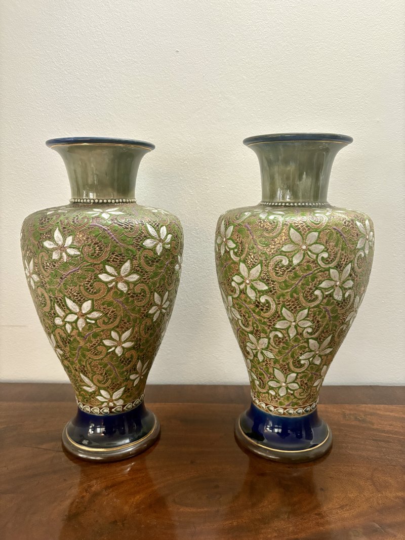 Pair of Antique Victorian Quality Doulton Slater Stoneware Vases